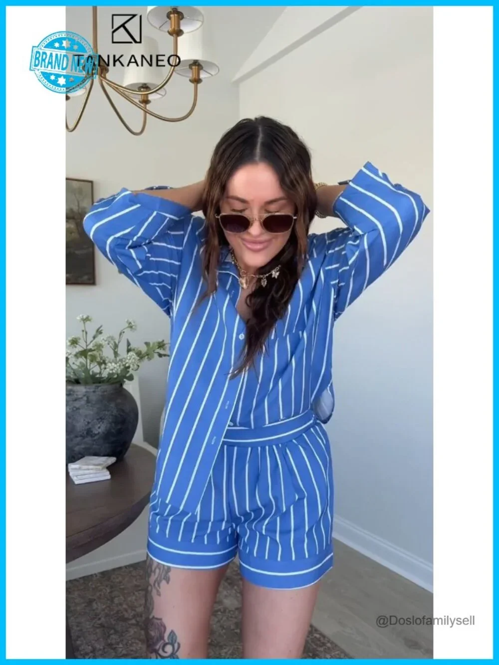 Striped Long Sleeve Button Down Shirt Matching Shorts Set